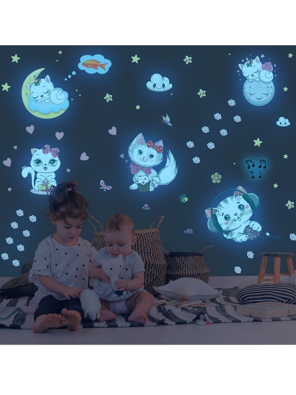 Glow In The Dark Stars For Kids Room - Glowing Cats Cartoon Wall/Ceiling Decals